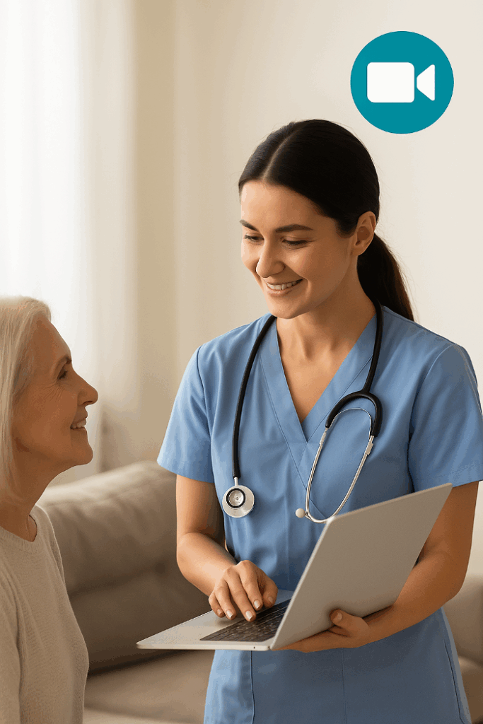 Assistierte Telemedizin - Virtuelles Krankenhaus Telenurse mit Patientin